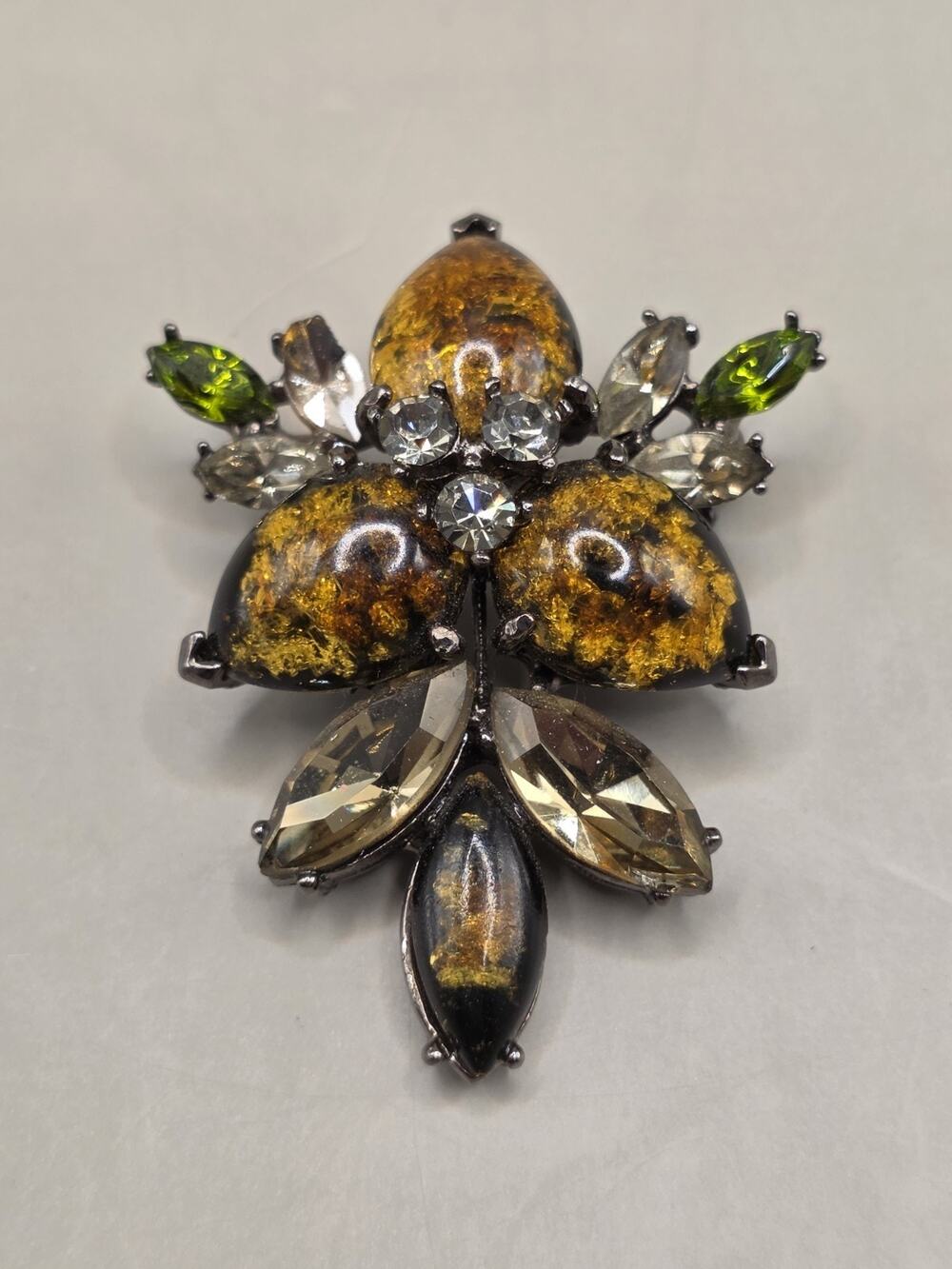 Vintage Signed 1366 Amber Art Glass Rhinestone Brooch Pin Gunmetal Fall Flower